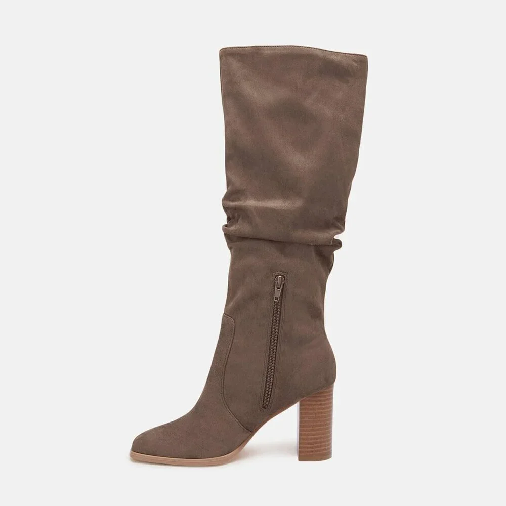 Women's Coffee Chunky High Heel Square Zipper Wide Calf Knee High Boots